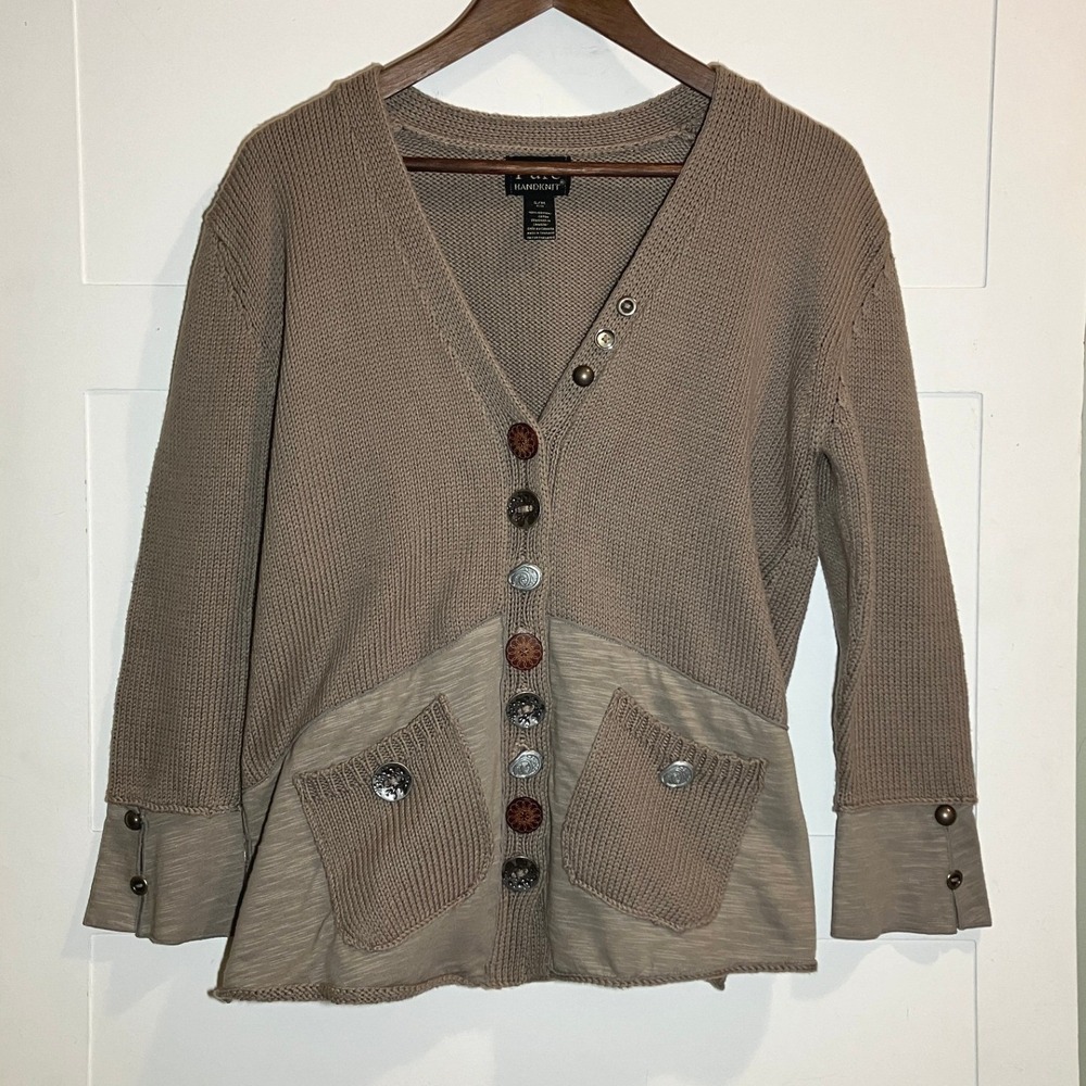 Pure‎ Handknit Cotton S/M Taupe Cardigan Sweater Buttons Artsy Boho Cottage Knit